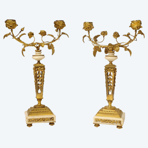 Pair of 2-light candlesticks Louis XVI Fleuri Bronze Doré Cristal Marbre XIXème