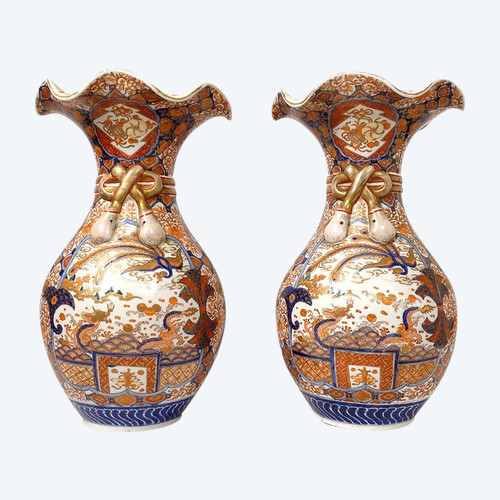 Coppia di grandi vasi di porcellana Imari Giappone Drago Fenice Doratura XIX secolo
