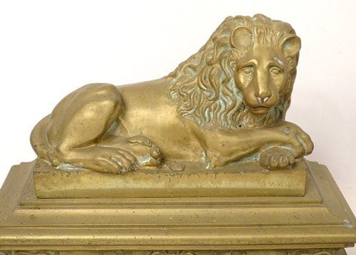 Pair of gilt bronze Chenets Lions Couchés Château Neuilly Restoration 19th century