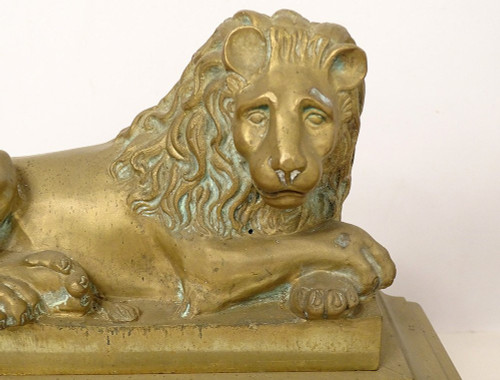 Pair of gilt bronze Chenets Lions Couchés Château Neuilly Restoration 19th century