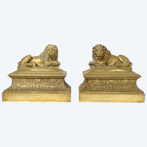 Pair of gilt bronze Chenets Lions Couchés Château Neuilly Restoration 19th century