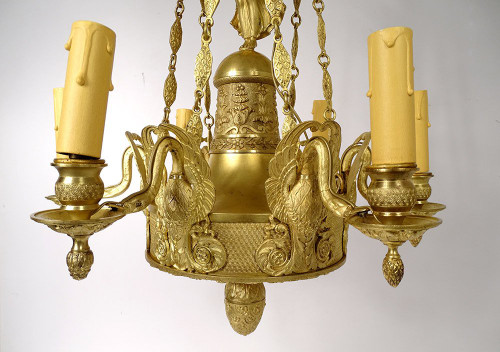 Empire 6-light gilt bronze chandelier Renommée Victoire Ailée Cygnes 19th century