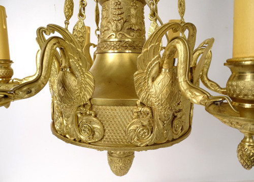 Empire 6-light gilt bronze chandelier Renommée Victoire Ailée Cygnes 19th century