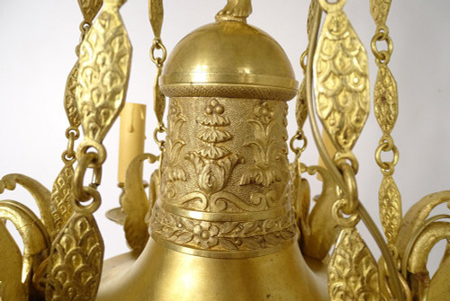 Empire 6-light gilt bronze chandelier Renommée Victoire Ailée Cygnes 19th century
