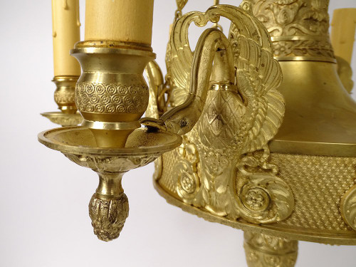 Empire 6-light gilt bronze chandelier Renommée Victoire Ailée Cygnes 19th century