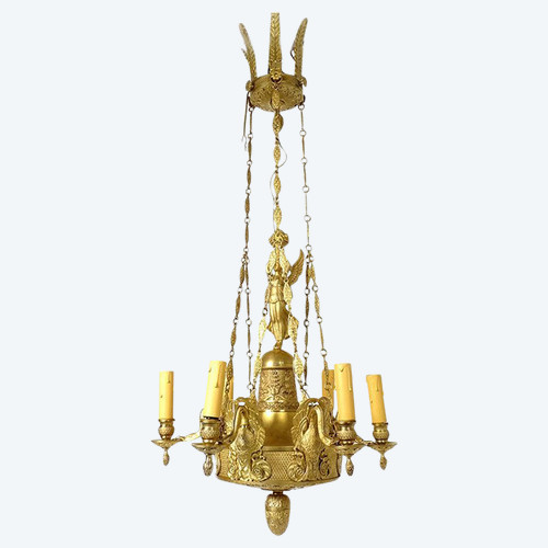 Empire 6-light gilt bronze chandelier Renommée Victoire Ailée Cygnes 19th century