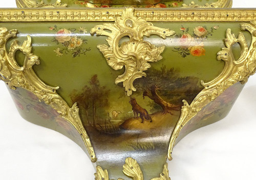Großes dekoratives Kartell Louis XV Lack Martin Bronze vergoldet Vögel XIX.