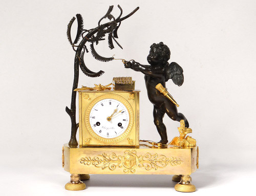 Pendulum Bronze Cherub Amour Mucisien Zither Globe I Empire XIXth