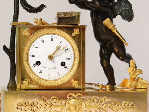 Pendulum Bronze Cherub Amour Mucisien Zither Globe I Empire XIXth