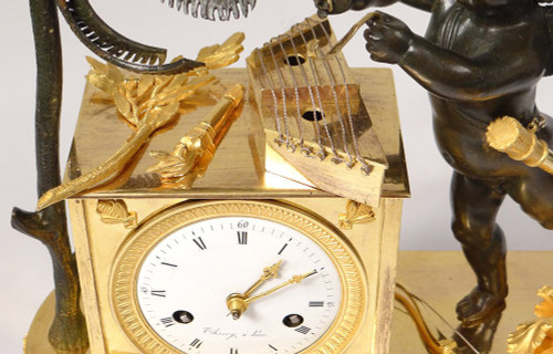 Pendulum Bronze Cherub Amour Mucisien Zither Globe I Empire XIXth