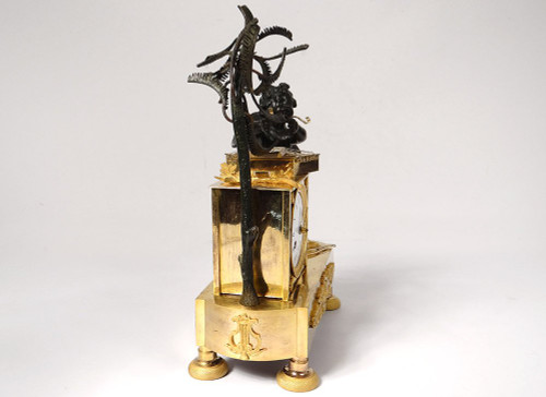 Pendulum Bronze Cherub Amour Mucisien Zither Globe I Empire XIXth
