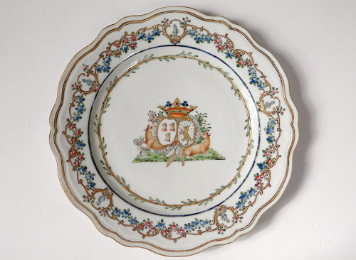 5 Assiettes 1 Plat Compagnie Indes Armoirié Visdelou Bonamour Qianlong 18è