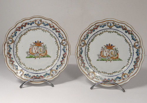 5 Assiettes 1 Plat Compagnie Indes Armoirié Visdelou Bonamour Qianlong 18è