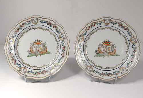 5 Assiettes 1 Plat Compagnie Indes Armoirié Visdelou Bonamour Qianlong 18è