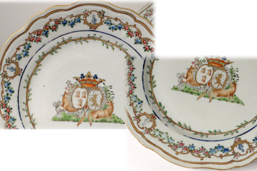 5 Assiettes 1 Plat Compagnie Indes Armoirié Visdelou Bonamour Qianlong 18è