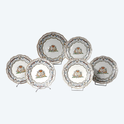 5 Assiettes 1 Plat Compagnie Indes Armoirié Visdelou Bonamour Qianlong 18è