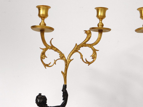 Coppia Candelabri 2 Luci Bronzo Marmo Carrara Antico Donna Aquila Settecento