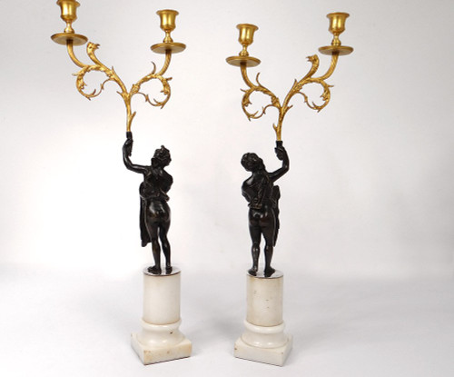 Coppia Candelabri 2 Luci Bronzo Marmo Carrara Antico Donna Aquila Settecento