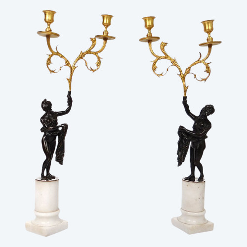 Coppia Candelabri 2 Luci Bronzo Marmo Carrara Antico Donna Aquila Settecento