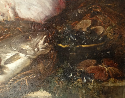 HST Still Life Stingray Lobster Fish Shell Eugène Claude 164x131cm 19th century