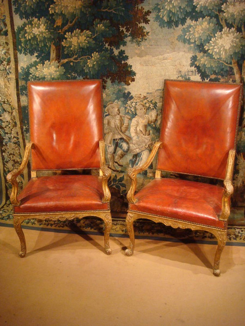 Pair Of Regency Armchairs In Golden Carved Wood, Eighteenth