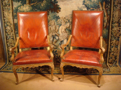 Pair Of Regency Armchairs In Golden Carved Wood, Eighteenth