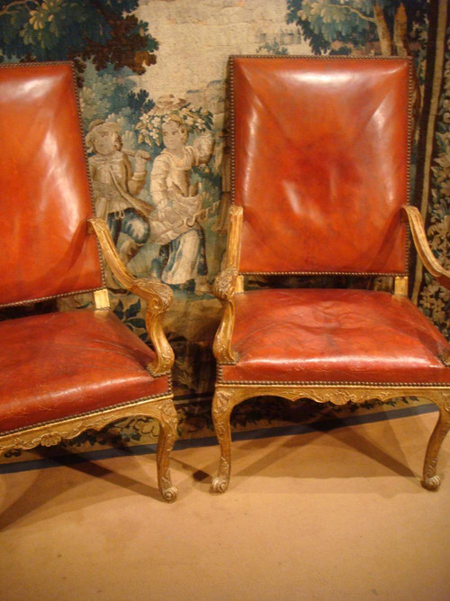 Pair Of Regency Armchairs In Golden Carved Wood, Eighteenth