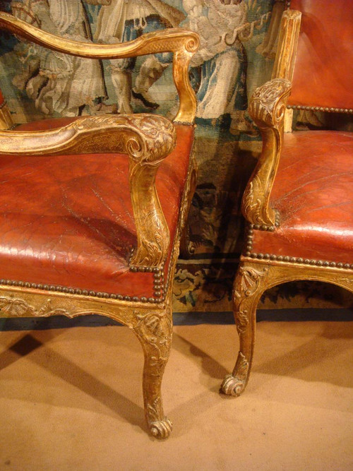 Pair Of Regency Armchairs In Golden Carved Wood, Eighteenth