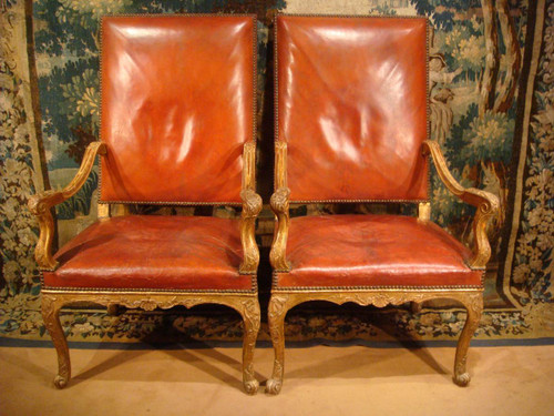 Pair Of Regency Armchairs In Golden Carved Wood, Eighteenth