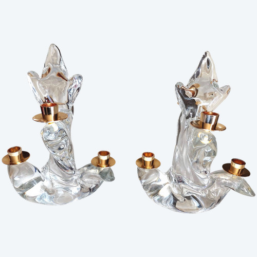 Pair of crystal candlesticks signed Maison Schneider (France) 60s-70s