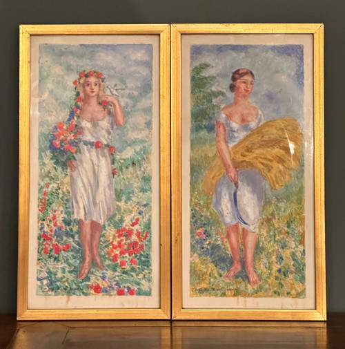 Mikhail Yakovlev, Suite De Quatre Aquarelles Saisons Ecole Russe (1880 - 1942)