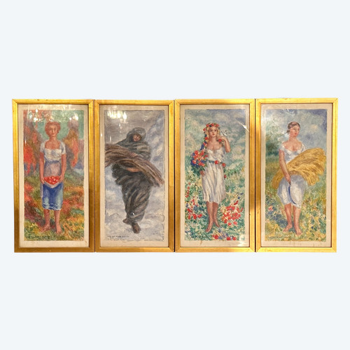 Mikhail Yakovlev, Suite De Quatre Aquarelles Saisons Ecole Russe (1880 - 1942)