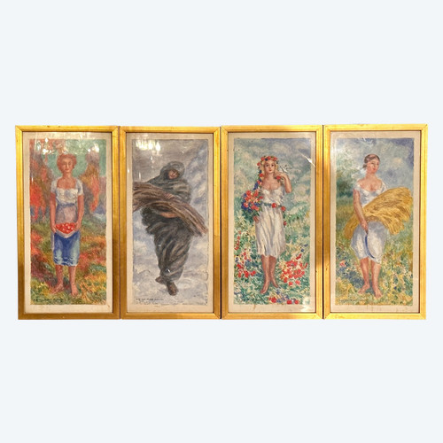 Mikhail Yakovlev, Suite De Quatre Aquarelles Saisons Russische Schule (1880 - 1942)