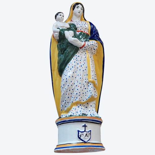 Statuette aus Fayence aus Quimper, die die Jungfrau Maria mit dem Jesuskind darstellt Ende des 19. Jahrhunderts