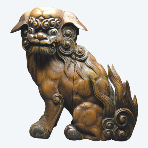 Japan, Edo-Zeit (1603 - 1858), Wichtiger Wächterlöwe aus Holz mit alten Lackspuren