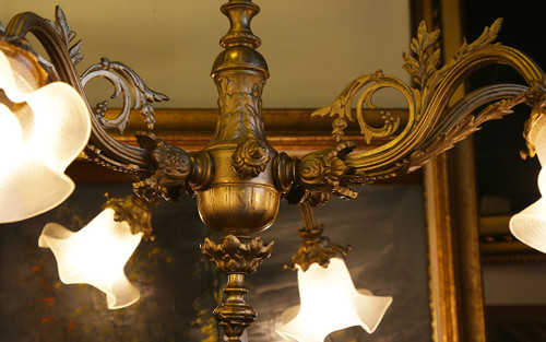 Lampada a sospensione in bronzo e tulipano in vetro smerigliato