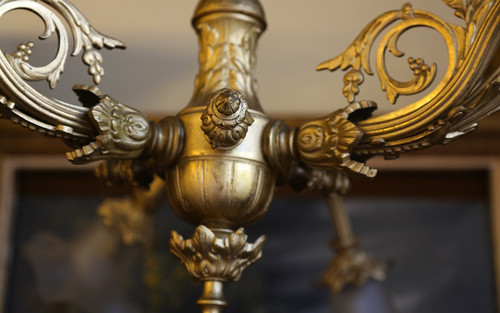 Lampada a sospensione in bronzo e tulipano in vetro smerigliato