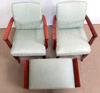  Set di 3 pezzi, coppia di poltrone a ponte e sgabello, Art Déco - 1940