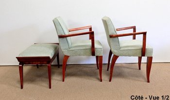  Set di 3 pezzi, coppia di poltrone a ponte e sgabello, Art Déco - 1940