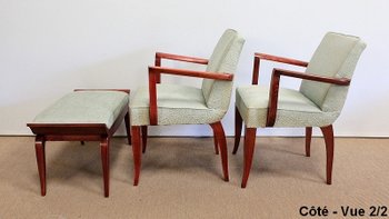  Set di 3 pezzi, coppia di poltrone a ponte e sgabello, Art Déco - 1940