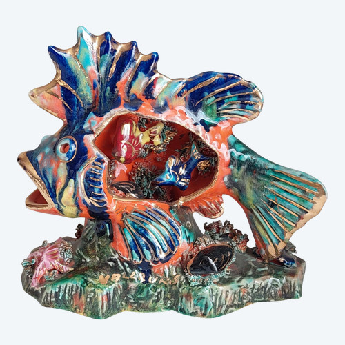 Céramique forme poisson pied lampe d'Art Vallauris années 50 60 70