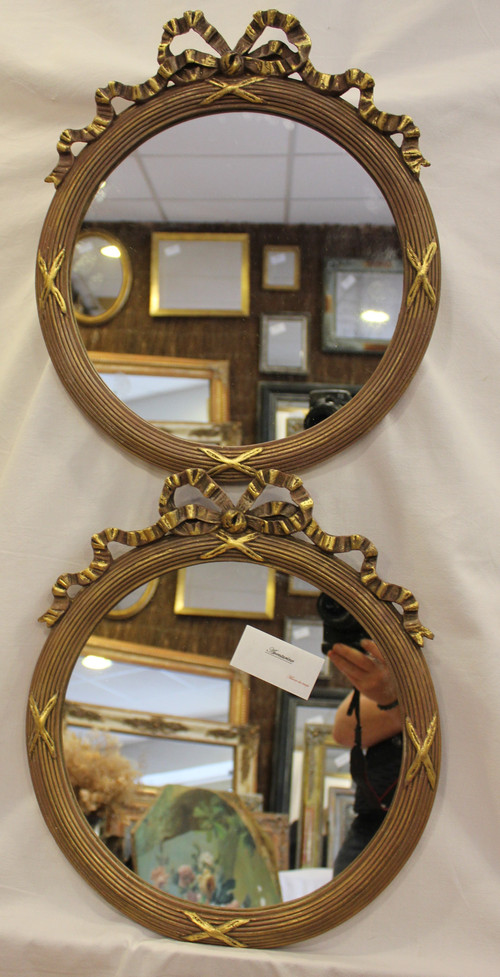 Pair Of Louis XVI, Patina And Gold Leaf Round Mirrors 35 X 40 Cm