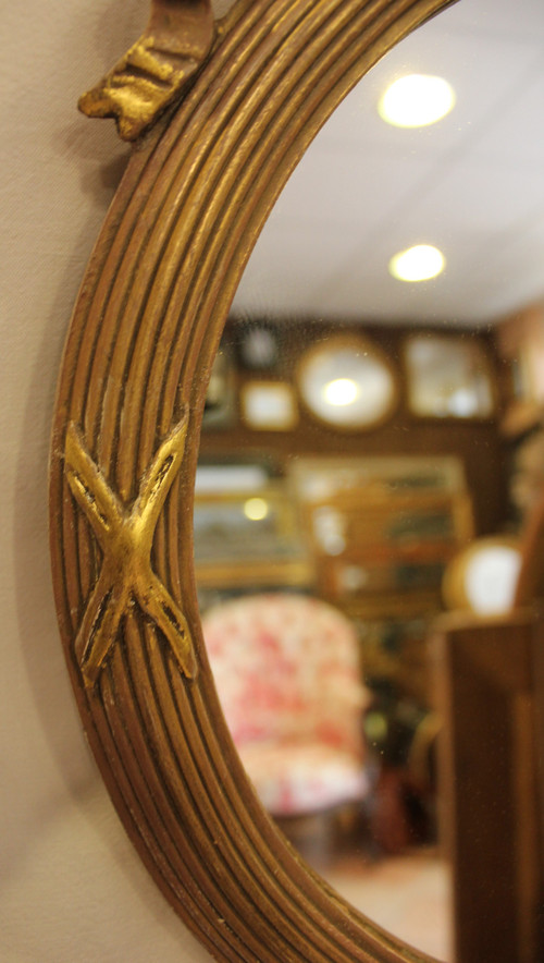 Pair Of Louis XVI, Patina And Gold Leaf Round Mirrors 35 X 40 Cm