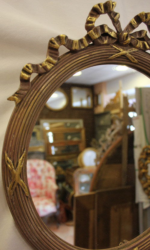 Pair Of Louis XVI, Patina And Gold Leaf Round Mirrors 35 X 40 Cm