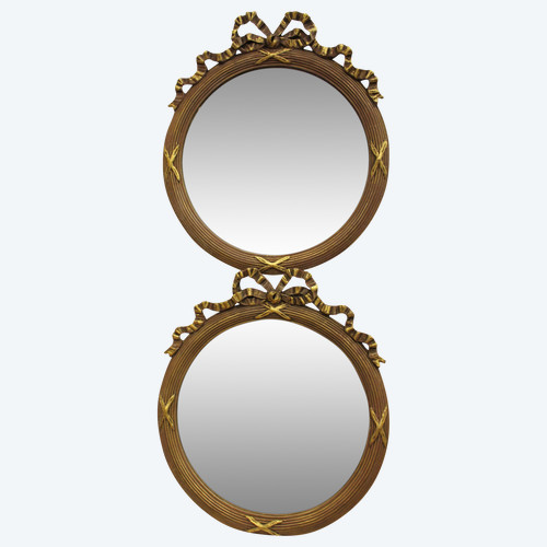 Pair Of Louis XVI, Patina And Gold Leaf Round Mirrors 35 X 40 Cm