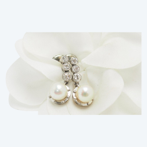 Boucles d'Oreilles En Or Blanc, Diamants Et Perles De Culture