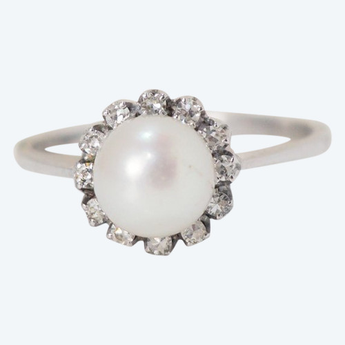 Anello In Oro Bianco Perla Coltivata E Diamanti