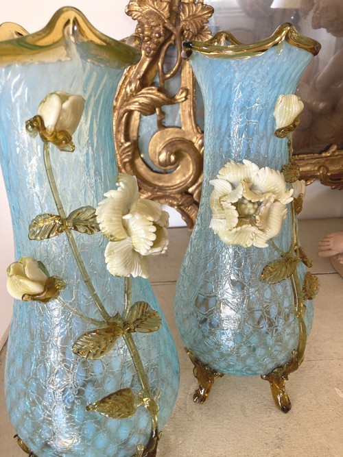 Coppia di vasi a lampada in vetro granito, Manufacture de Clichy, Art Nouveau