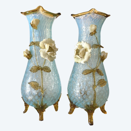 Coppia di vasi a lampada in vetro granito, Manufacture de Clichy, Art Nouveau