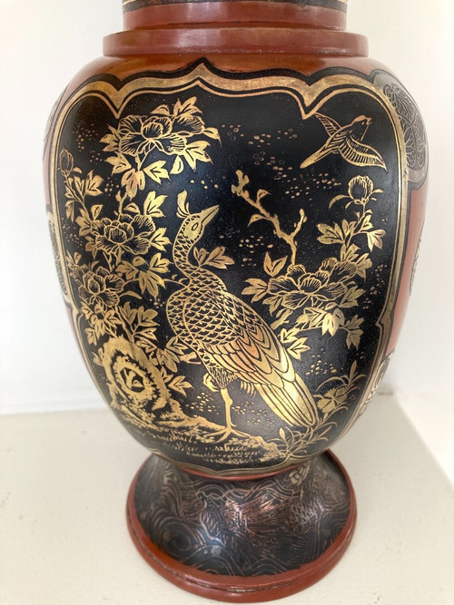 Vaso giapponese Dinanderie, laccato, intarsiato in oro e argento, Meiji XIX secolo